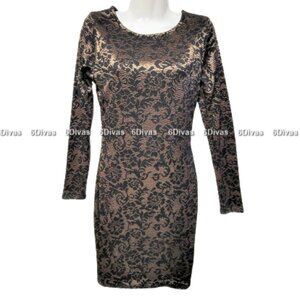 Bronze Gold Long Sleeve Black Dress With Lace Overlay - Size M, Size L
